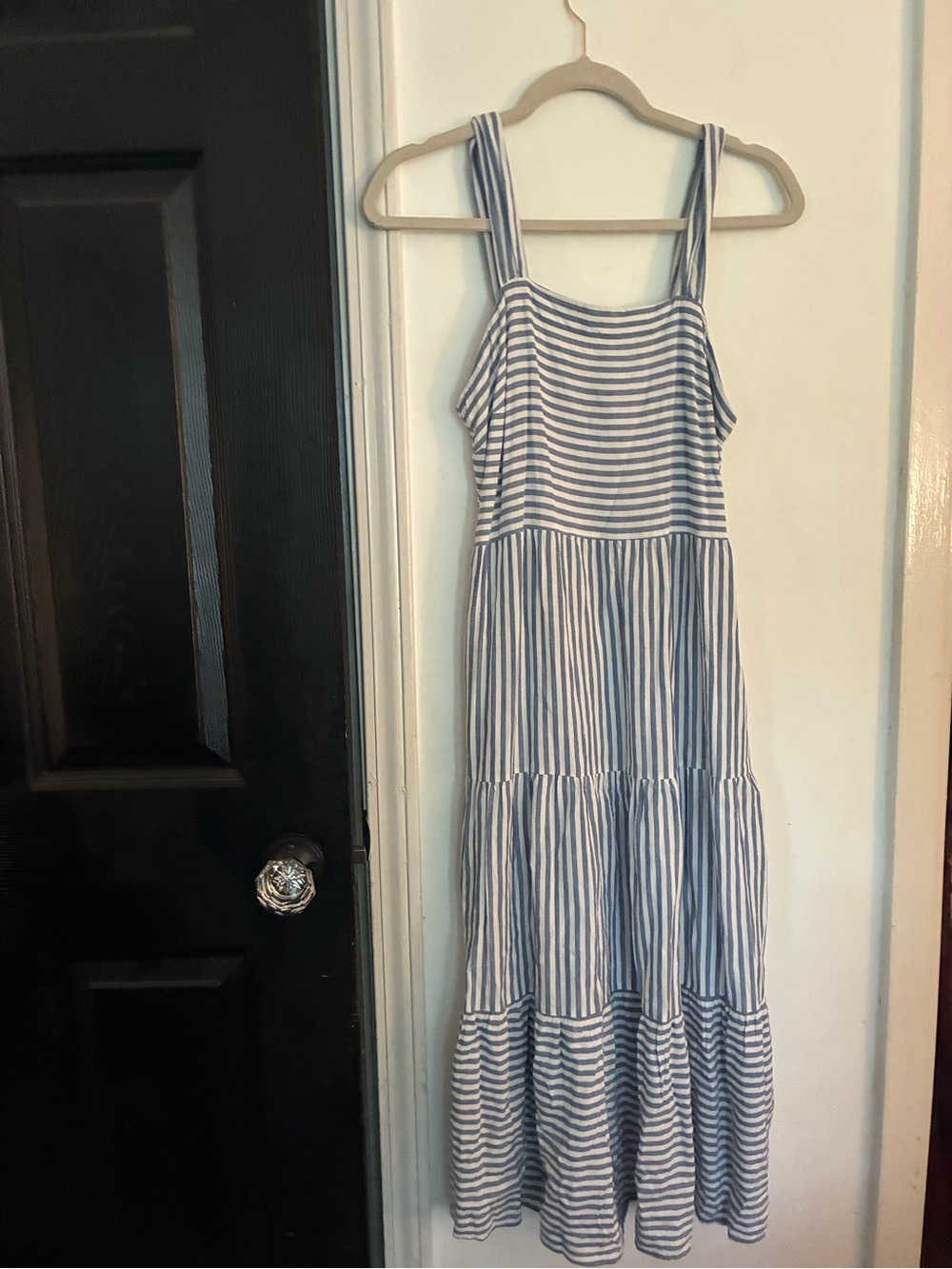 beachlunchlounge Blue and White Striped Tiered Maxi Dress